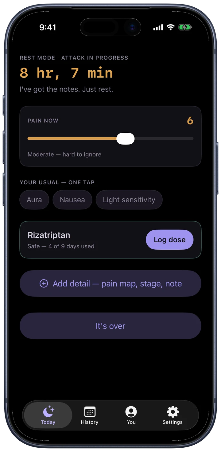Logging mid-attack: an amber timer, a pain slider, one-tap symptom chips, and your usual medication