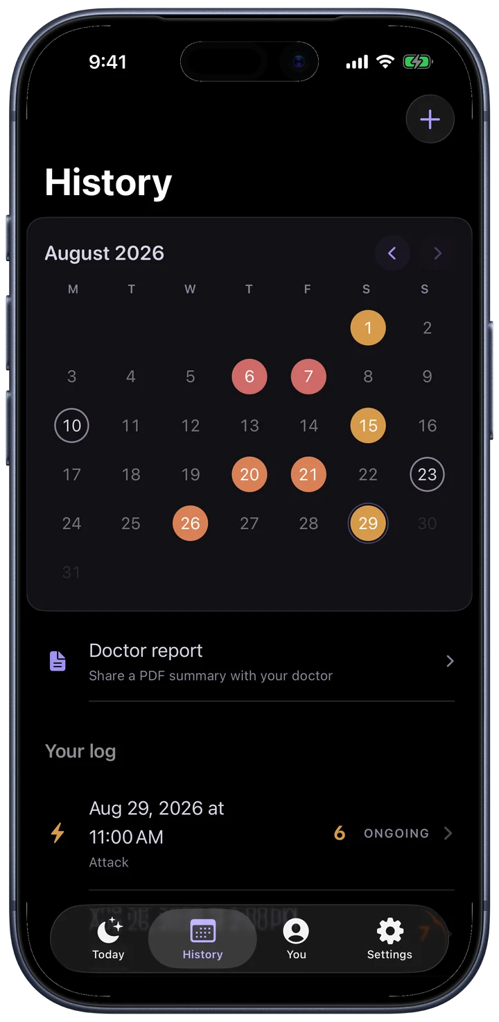 History: a monthly calendar with attack days marked, and your attack log beneath