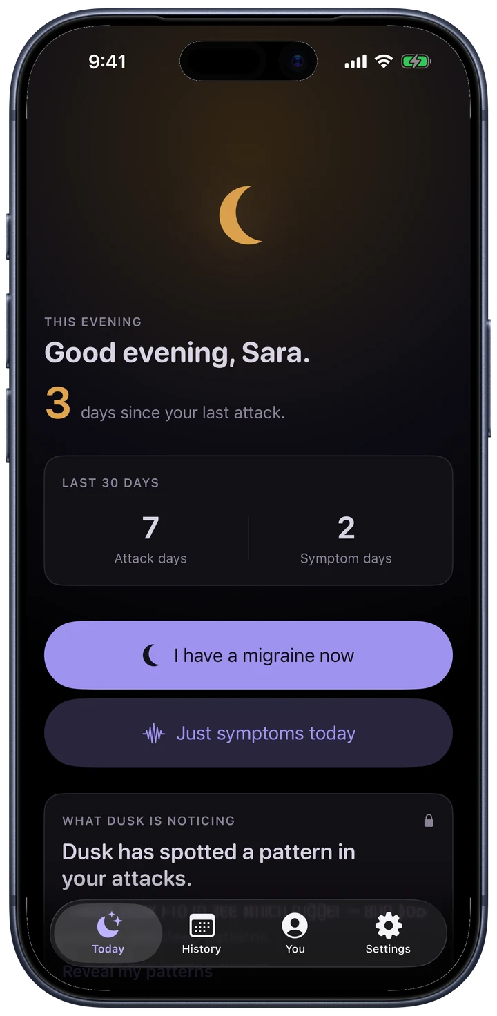 Dusk's home screen on an iPhone: a crescent moon, 'Good evening, Sara', 3 days since your last attack, and one big log button