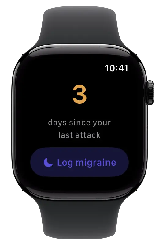 Dusk on an Apple Watch: 3 days since your last attack, and a Log migraine button