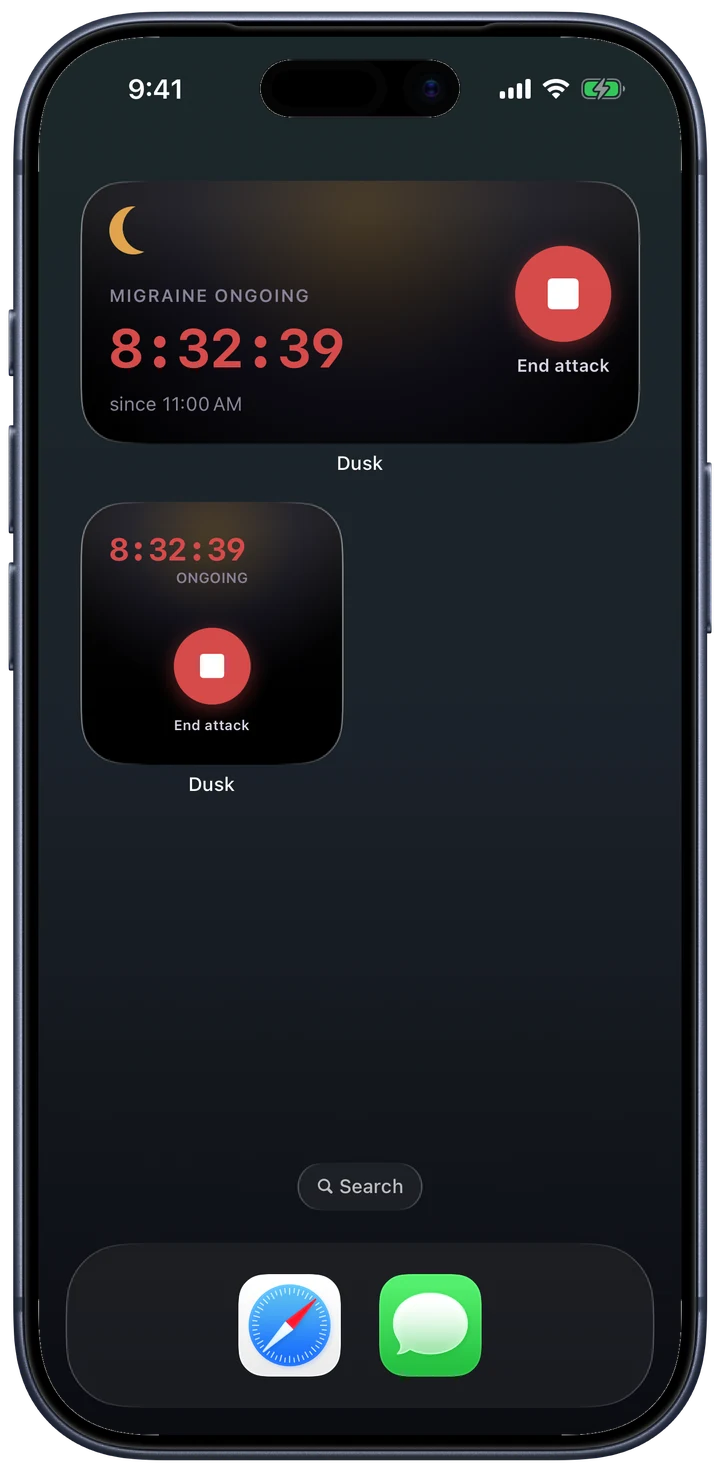 Home Screen widgets during an attack: a live ongoing timer since 11:00 AM and a one-tap End attack button, no need to open the app